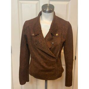 Marrakech Dark Brown Leopard Print Asymmetrical Zip-Up Moto Jacket, Size S
